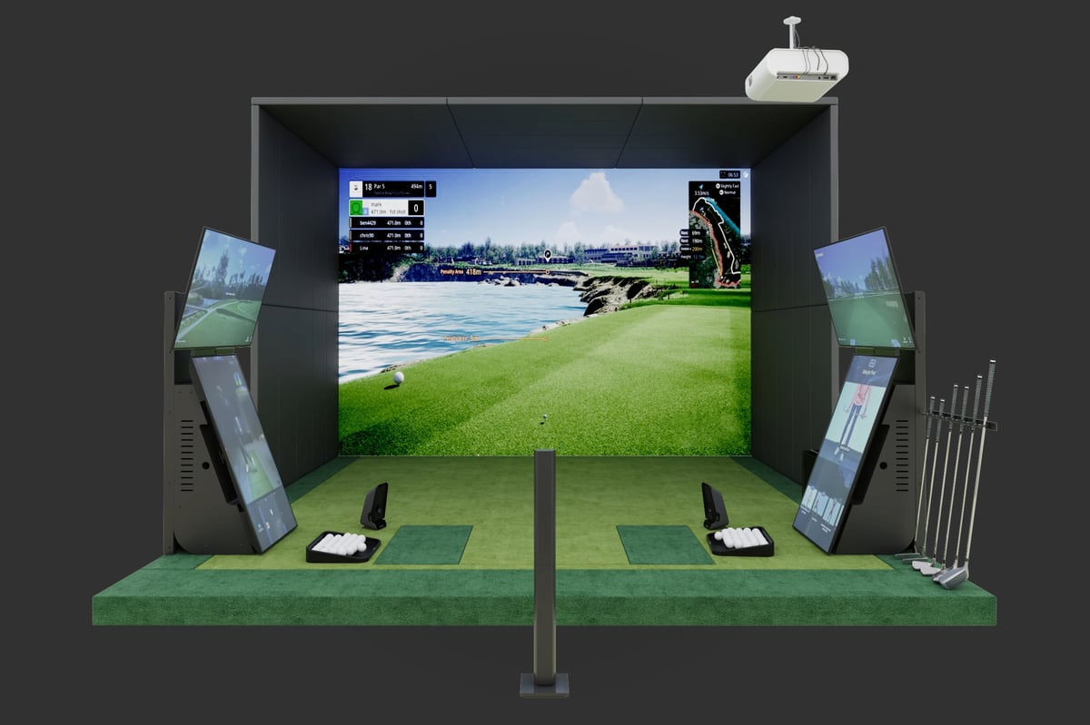 Indoor golf simulator setup featuring two large screens displaying a golf course with clubs and putting green