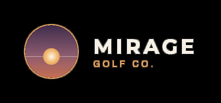 Mirage Golf Co. logo featuring a circular gradient sunset design with gold accents and company name
